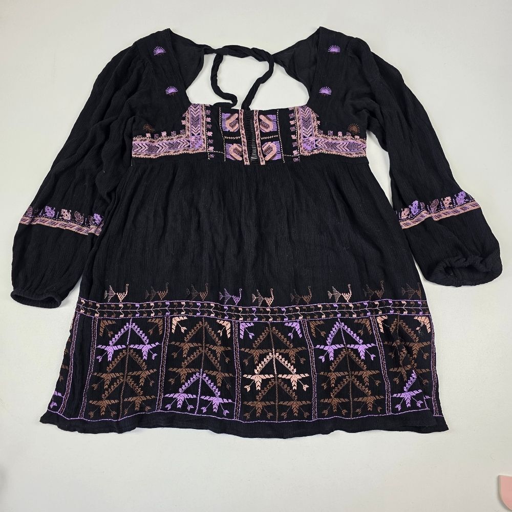 Free People Rhiannon Embroidered Mini Black Purple Dress Womens Sz Medium - Picture 3 of 12